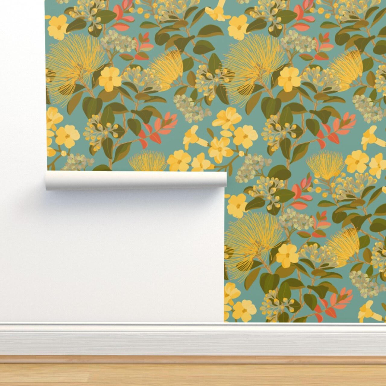 Teal Floral Botanical Jungle Tropical Hawaiian Mimosa Tree Flowers Foliage Large Scale Custom Removable Wallpaper by Spoonflower Peel & Stick Wallpaper 2FT Wide